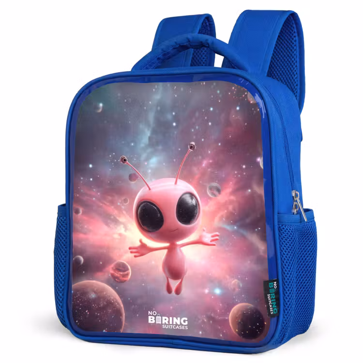 Kids backpack with name - Blue - Pink Alien in Star Nebula — 3