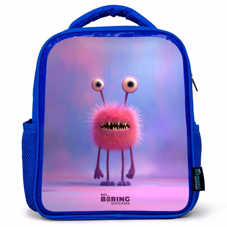 Kids backpack with name - Blue - Pink furry monster with big eyes — 1