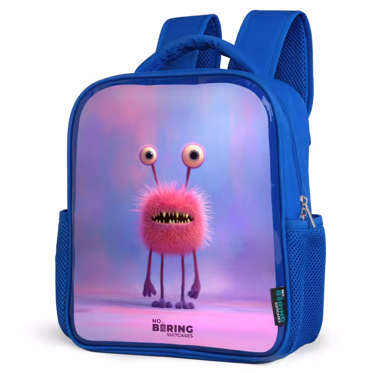 Kids backpack with name - Blue - Pink furry monster with big eyes — 3