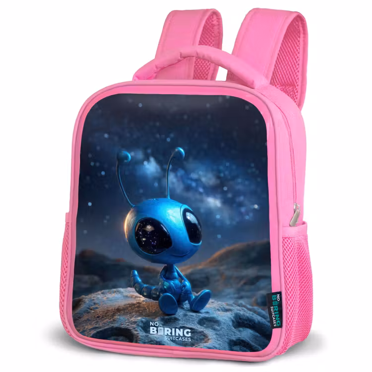 Kids backpack with name - Pink - Blue alien creature under starry sky — 4