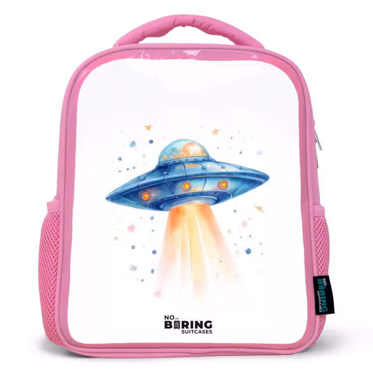 Kids backpack with name - Pink - Blue spaceship with beam of light — 1