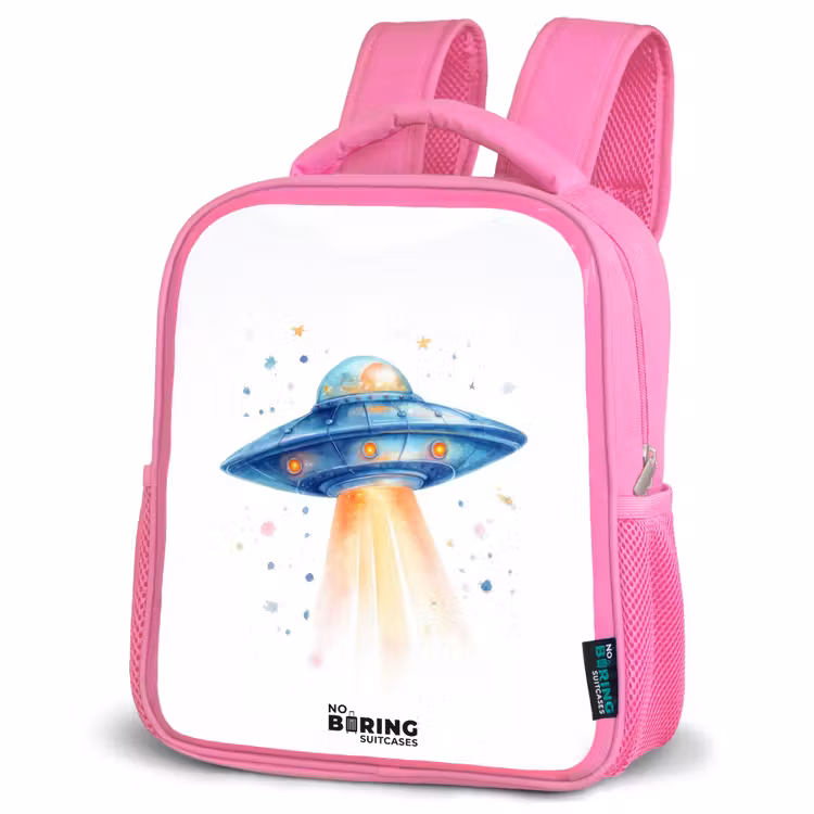 Kids backpack with name - Pink - Blue spaceship with beam of light — 4