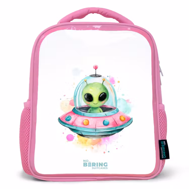 Kids backpack with name - Pink - Green alien in colorful UFO — 1
