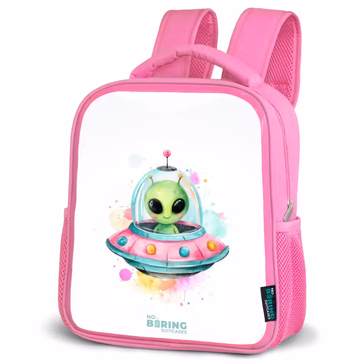 Kids backpack with name - Pink - Green alien in colorful UFO — 4