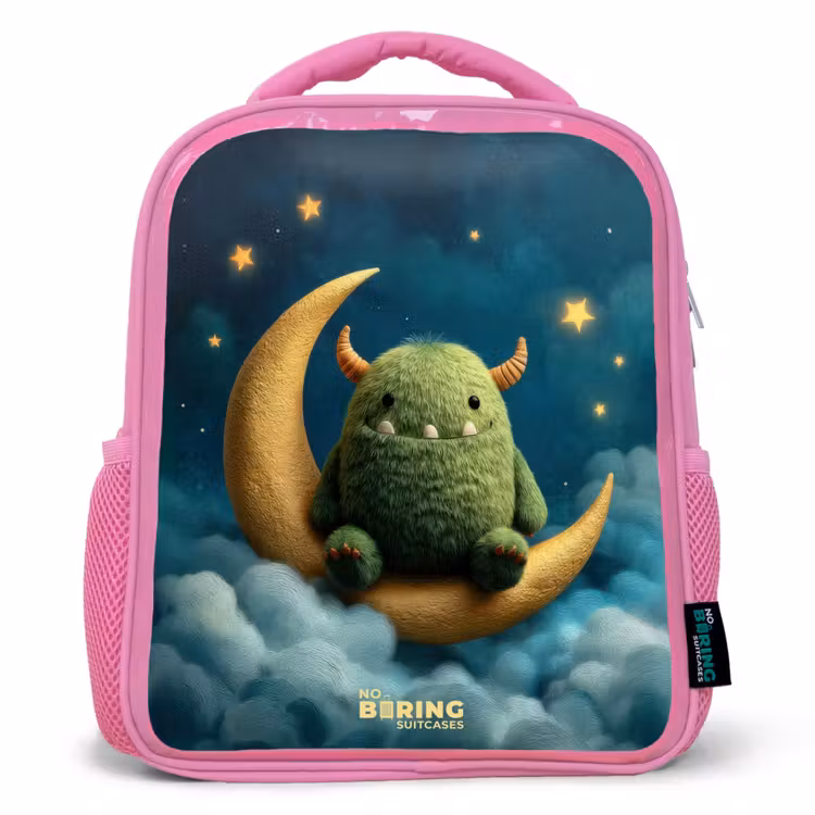 Kids backpack with name - Pink - Green monster on crescent moon — 1