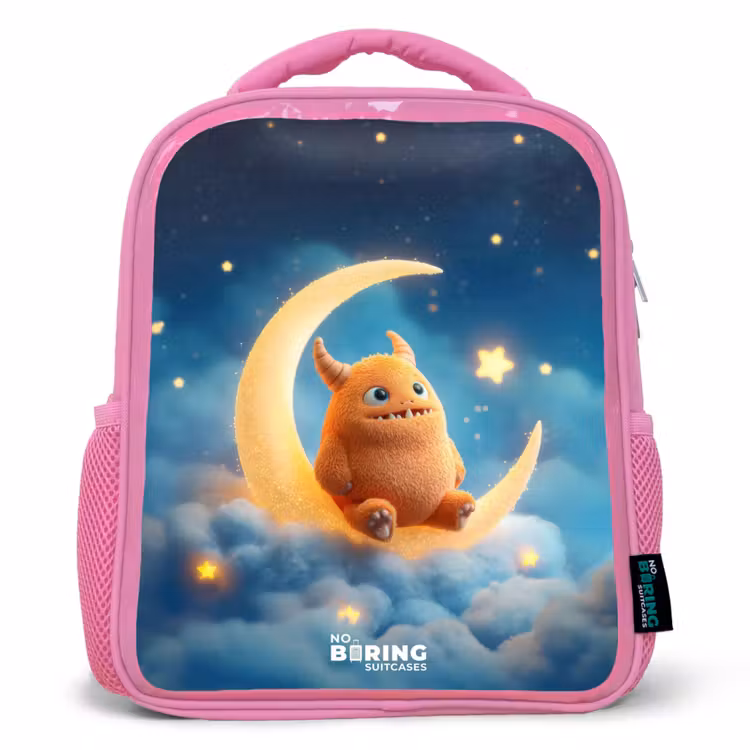 Kids backpack with name - Pink - Orange monster on crescent moon — 1