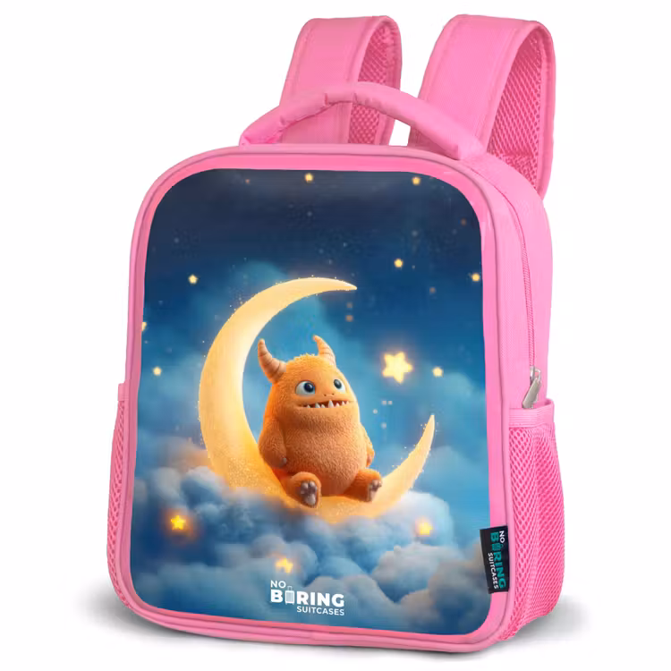 Kids backpack with name - Pink - Orange monster on crescent moon — 4