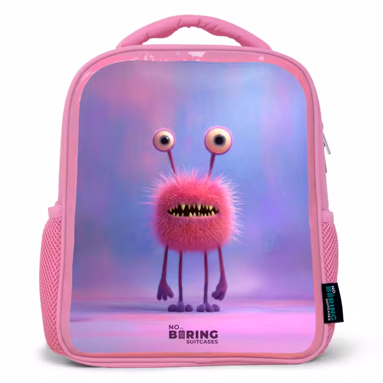 Kids backpack with name - Pink - Pink furry monster with big eyes — 1