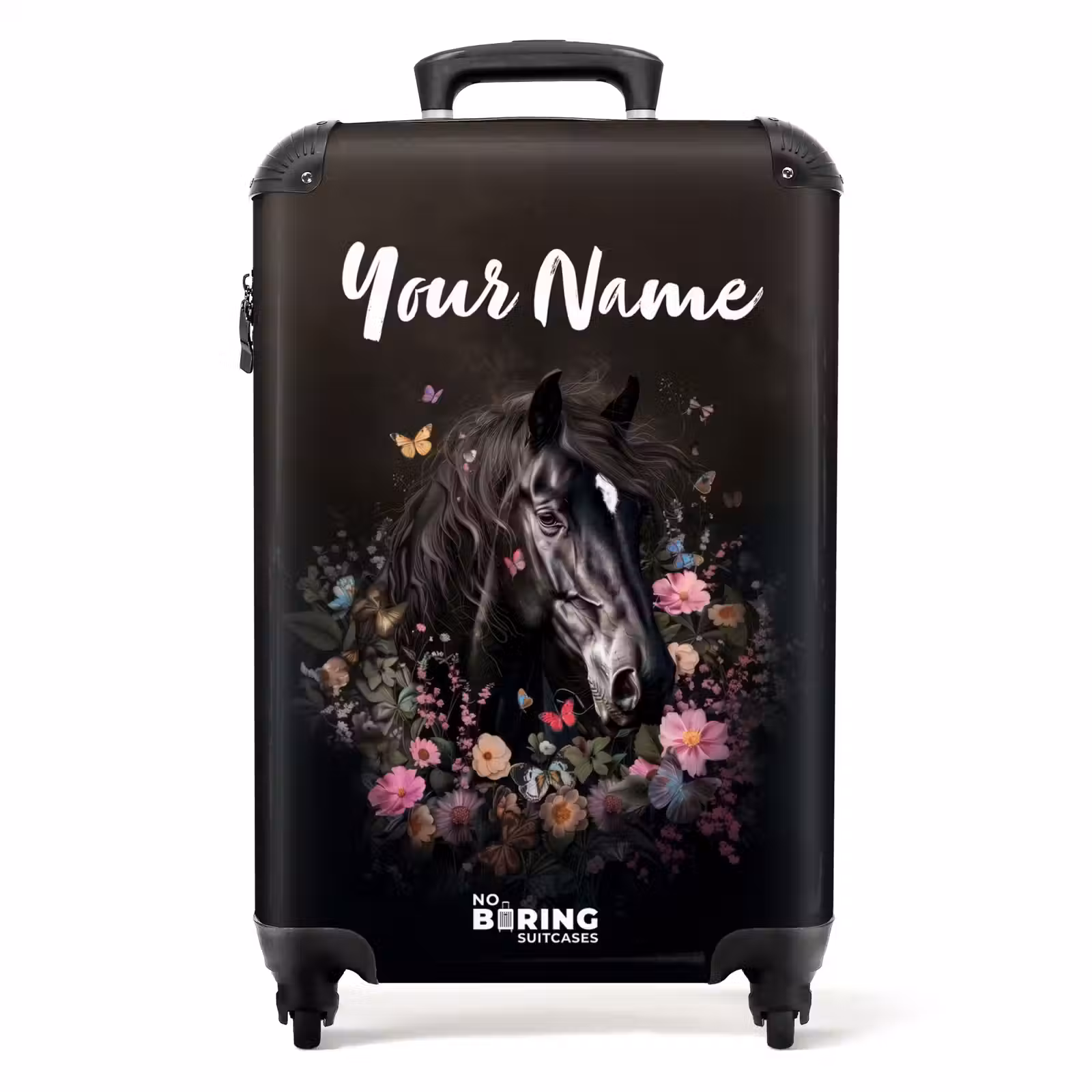 Suitcase with name - Black horse with white blaze and colorful flowers — 1