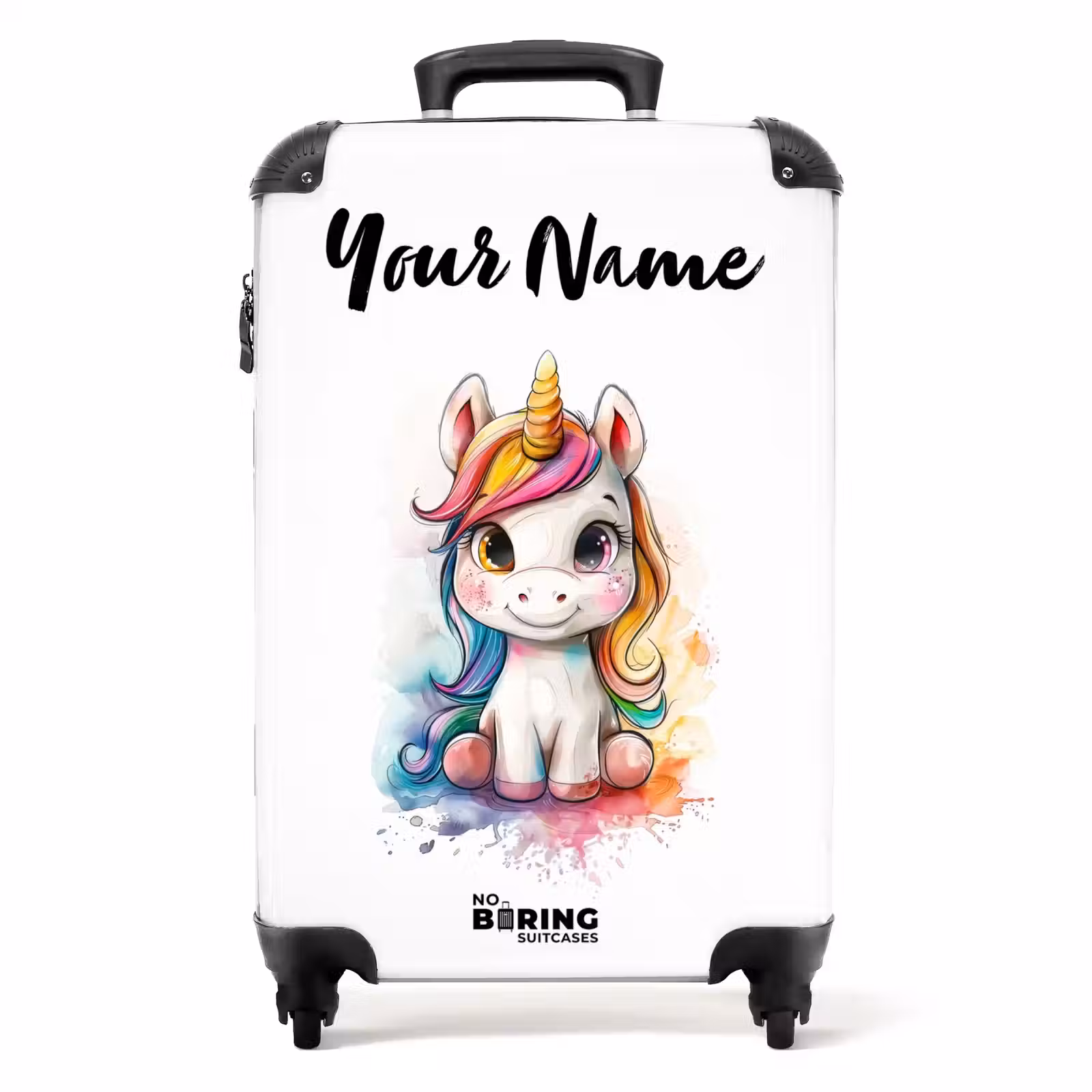 Suitcase with name - White Eemhorn with Colorful Mane and Paint Splashes — 1