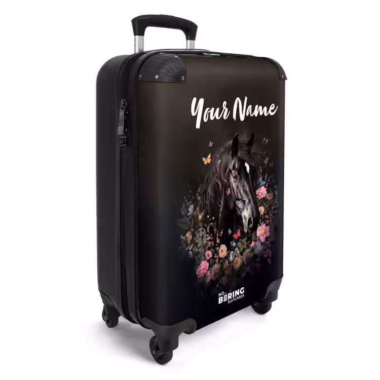 Suitcase with name - Black horse with white blaze and colorful flowers — 2
