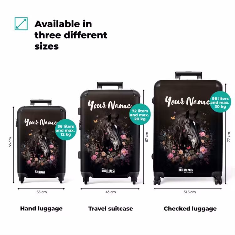 Suitcase with name - Black horse with white blaze and colorful flowers — 3
