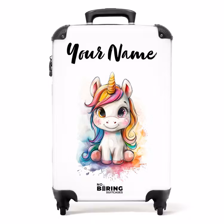 Suitcase with name - White Eemhorn with Colorful Mane and Paint Splashes — 1