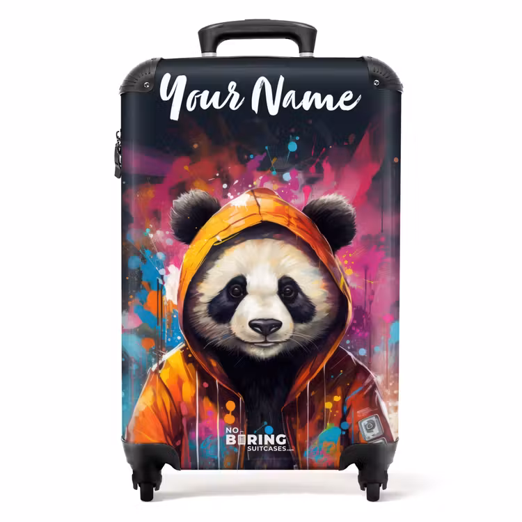Suitcase with name - Panda with Orange Jacket and Paint Splatters — 1