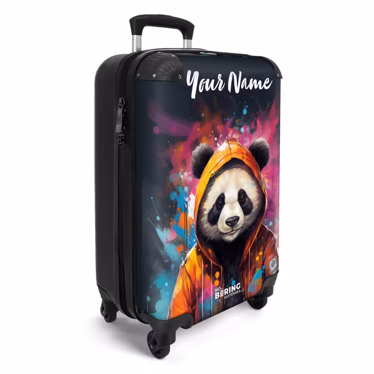 Suitcase with name - Panda with Orange Jacket and Paint Splatters — 2