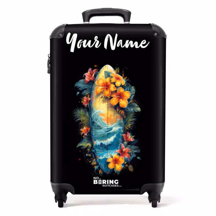 Suitcase with name - Surfboard Surrounded by Flowers — 1
