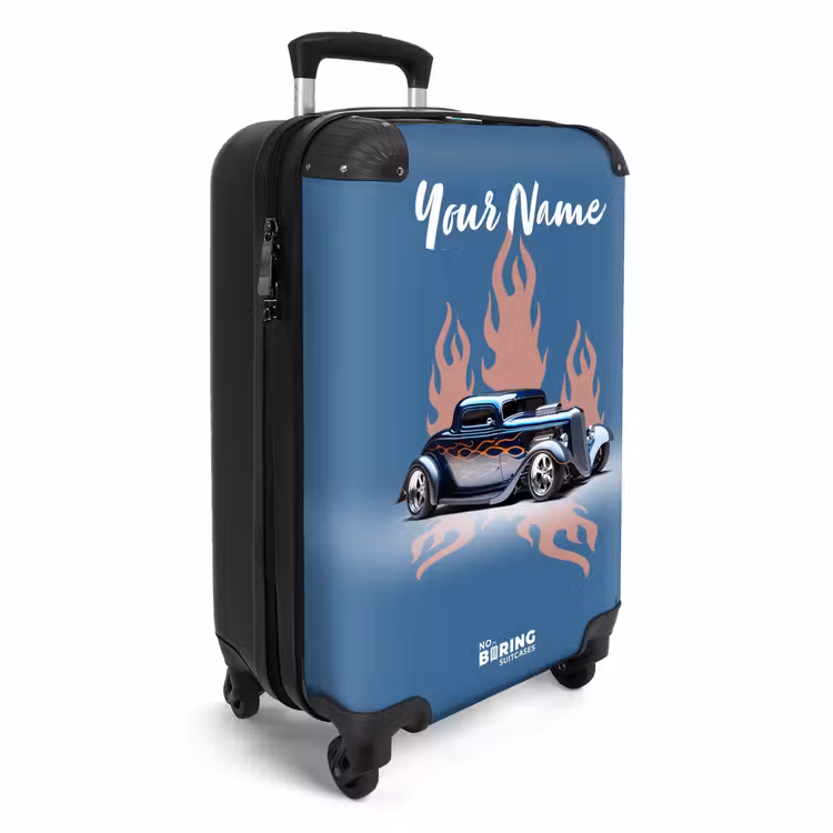 Suitcase with name - Blue car with pink flames — 2