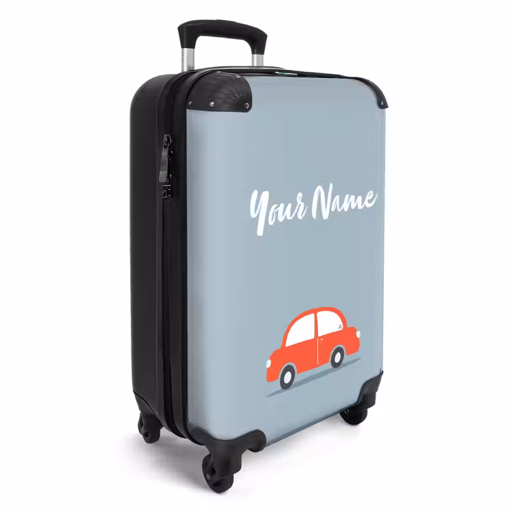 Suitcase with name - Red car blue background — 2