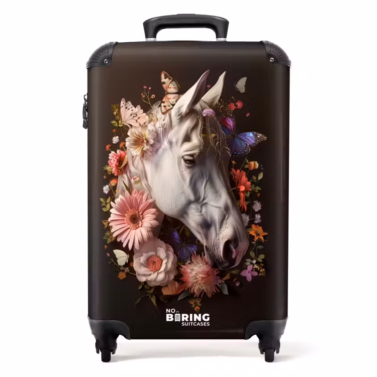 Suitcase - White horse head among colorful garland of flowers — 1