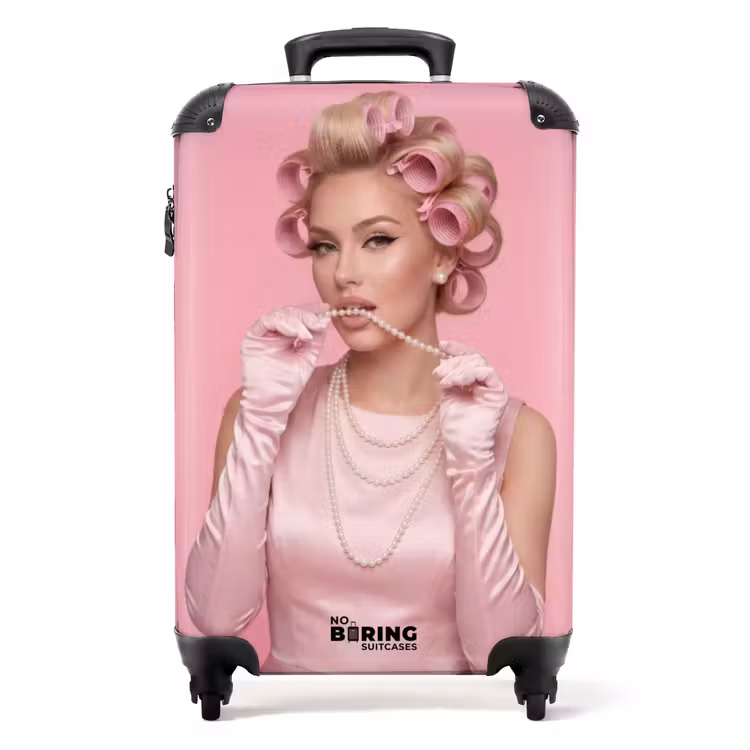 Suitcase - Woman - Pink - Pearl necklace - Curlers — 1