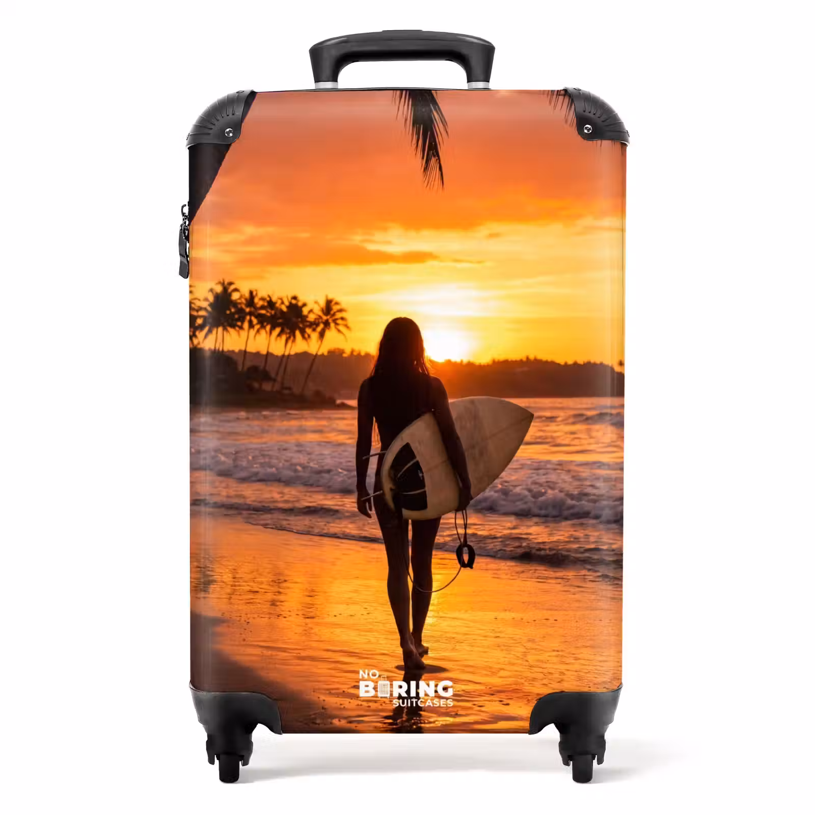 Suitcase - Woman - Surfboard - Beach - Sunset - Orange — 1