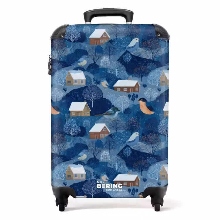 Suitcase - Cottages - Birds - Snow - Winter - Blue — 1