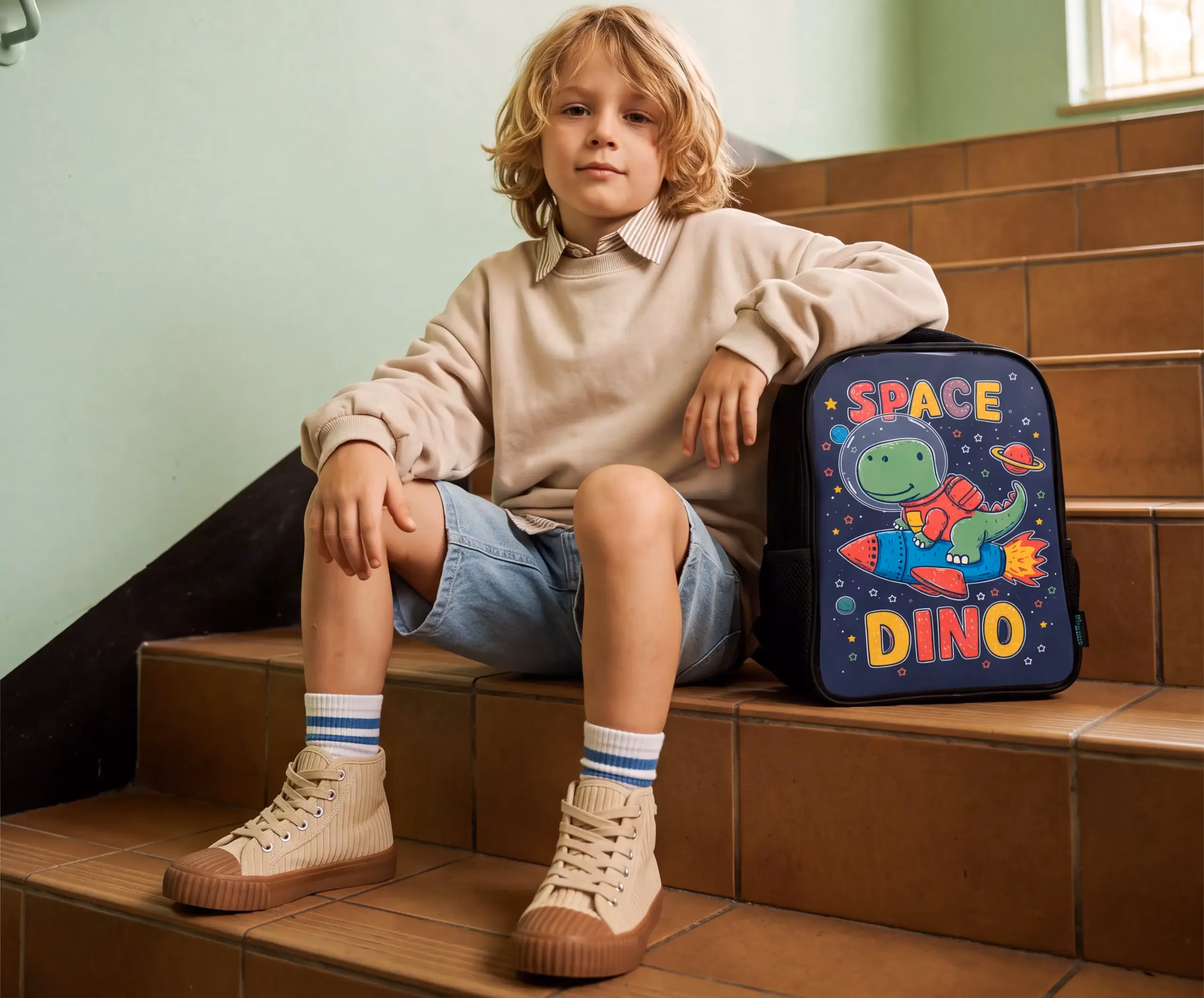 A kid with a backpack sitting on stairs