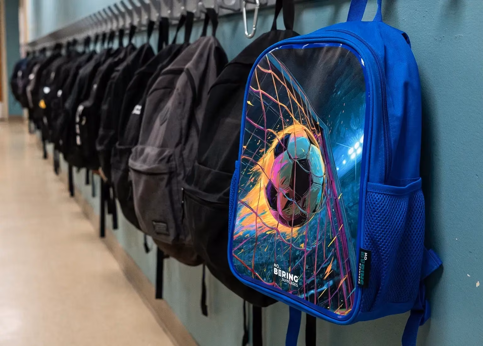 Blue blackpack in school on a hanger
