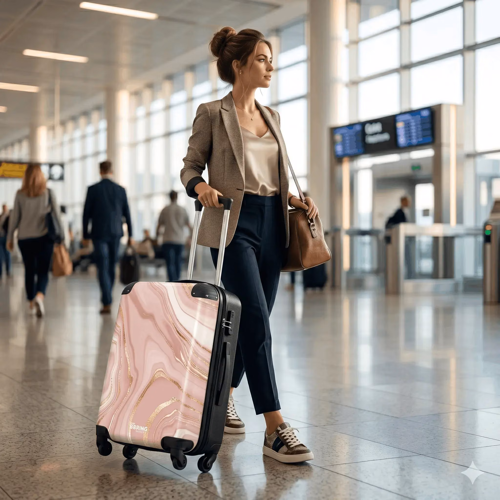 woman with pink suitcase