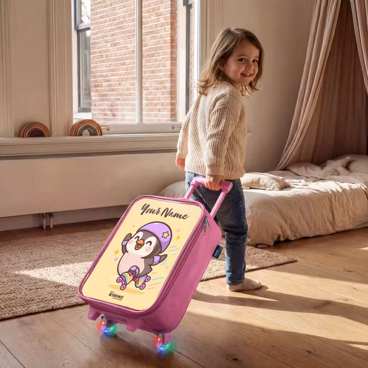Children's suitcase with name - Pink - Kawai - Penguin - Roller skates — 2